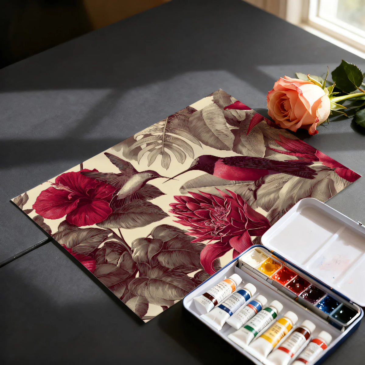 Vintage Hibiscus and Hummingbird Mural Wallpaper — Botanical Art Mural Wallpaper - room preview 03