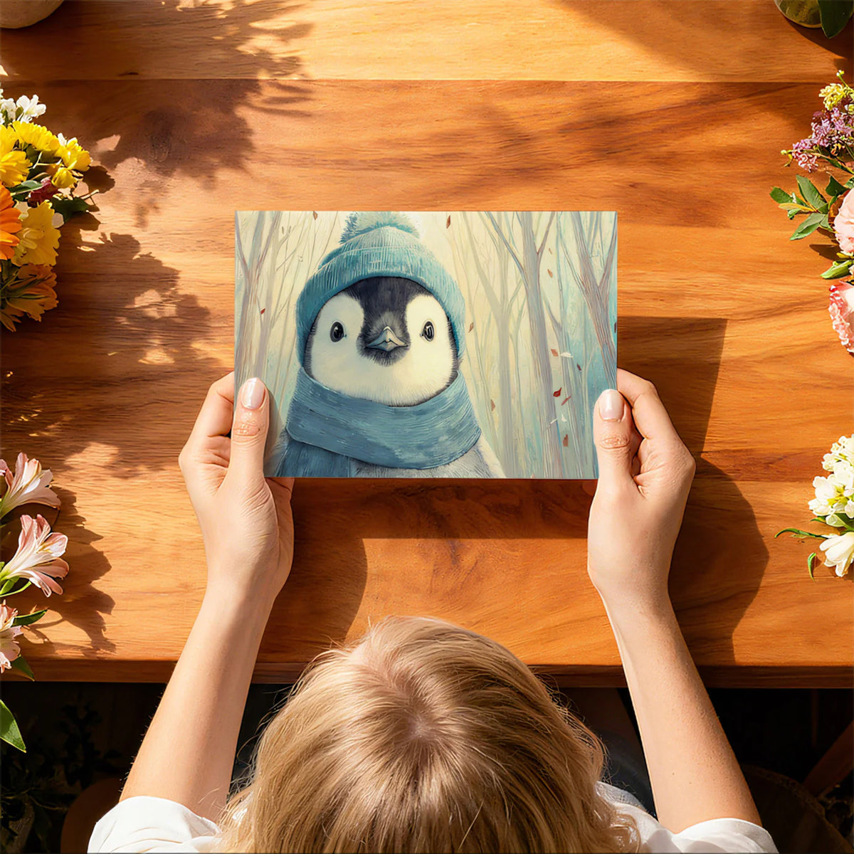 Winter Penguin Portrait Mural Wallpaper —Soft Pastel Forest Mural Wallpaper - room preview 03