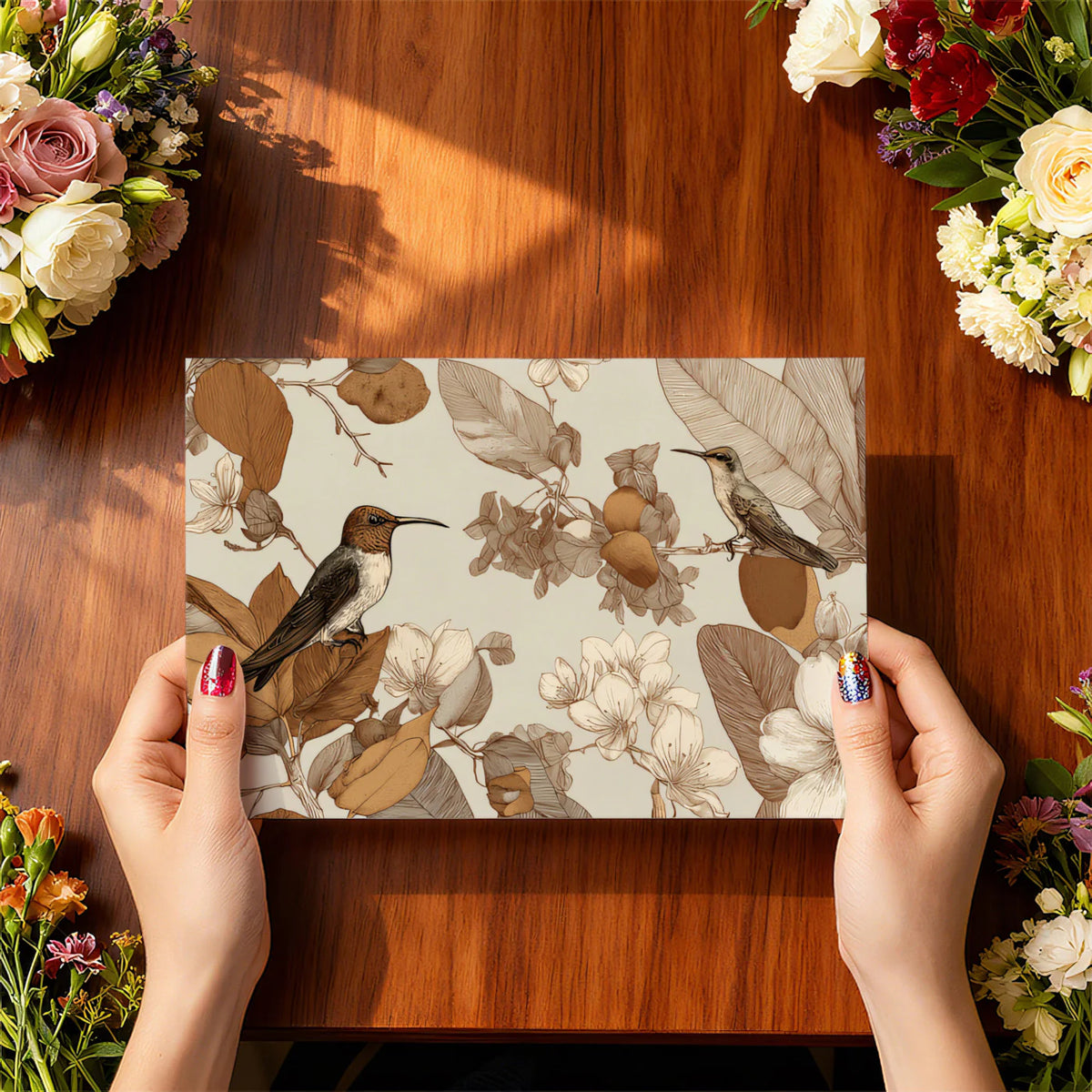 Vintage Hummingbird Mural Wallpaper — Botanical Line Art Mural Wallpaper - room preview 03