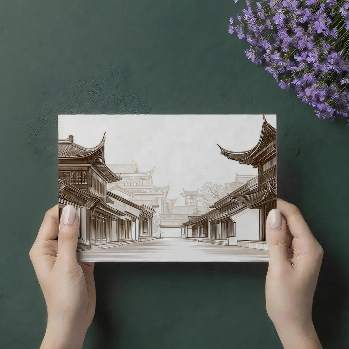 Ancient Architecture Mural Wallpaper — Sepia Line Drawing Mural Wallpaper - room preview 03