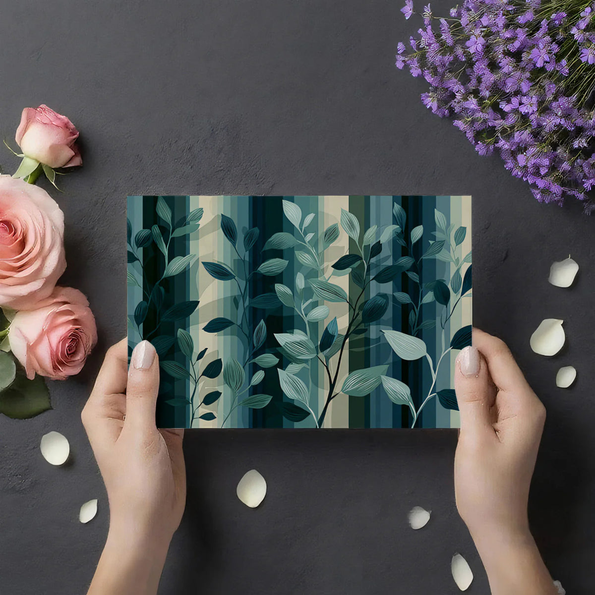 Striped Botanical Mural Wallpaper — Teal and Forest Green Leaves Mural Wallpaper - room preview 03