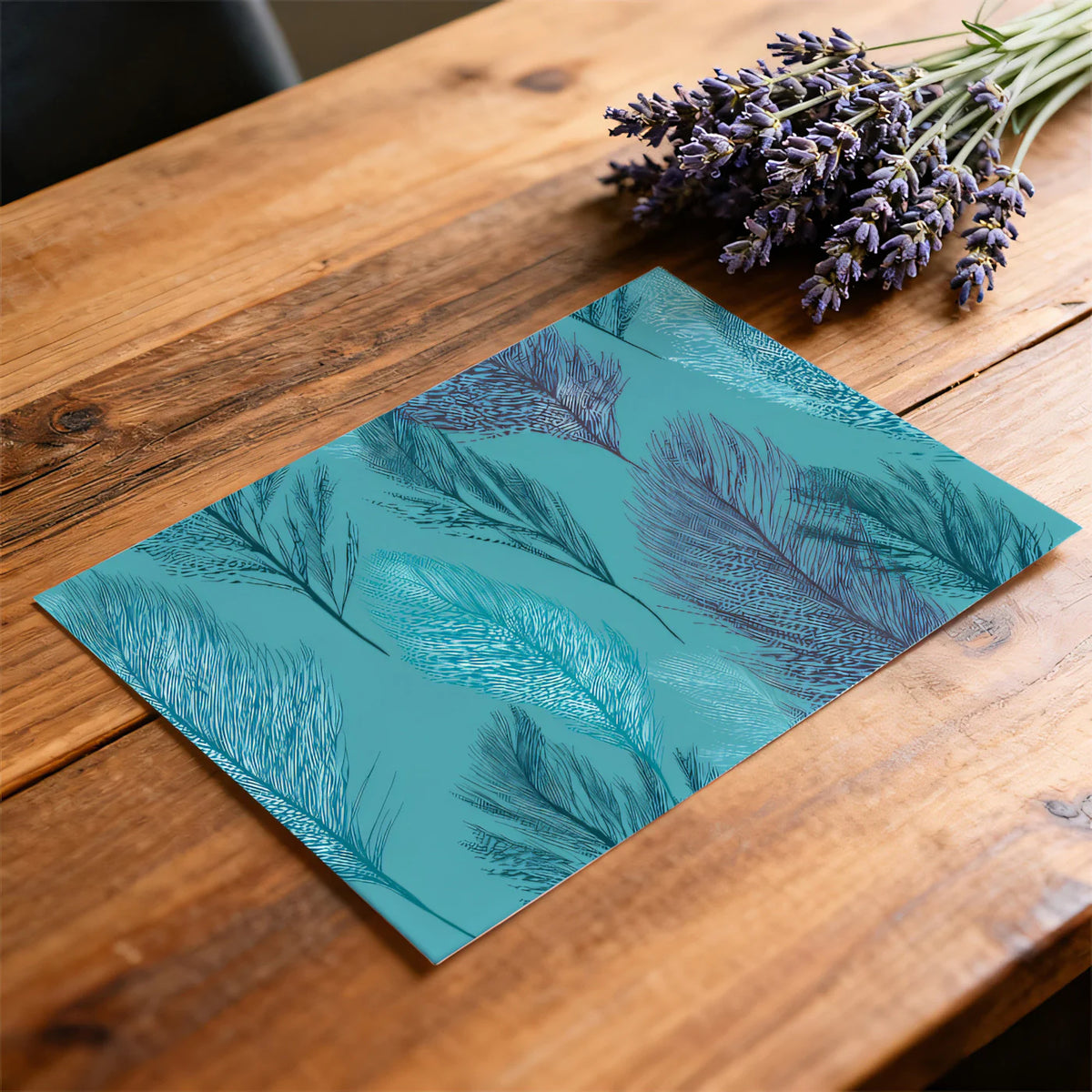 Turquoise Feather Line Art Mural Wallpaper — Ethereal Pattern Mural Wallpaper - room preview 03