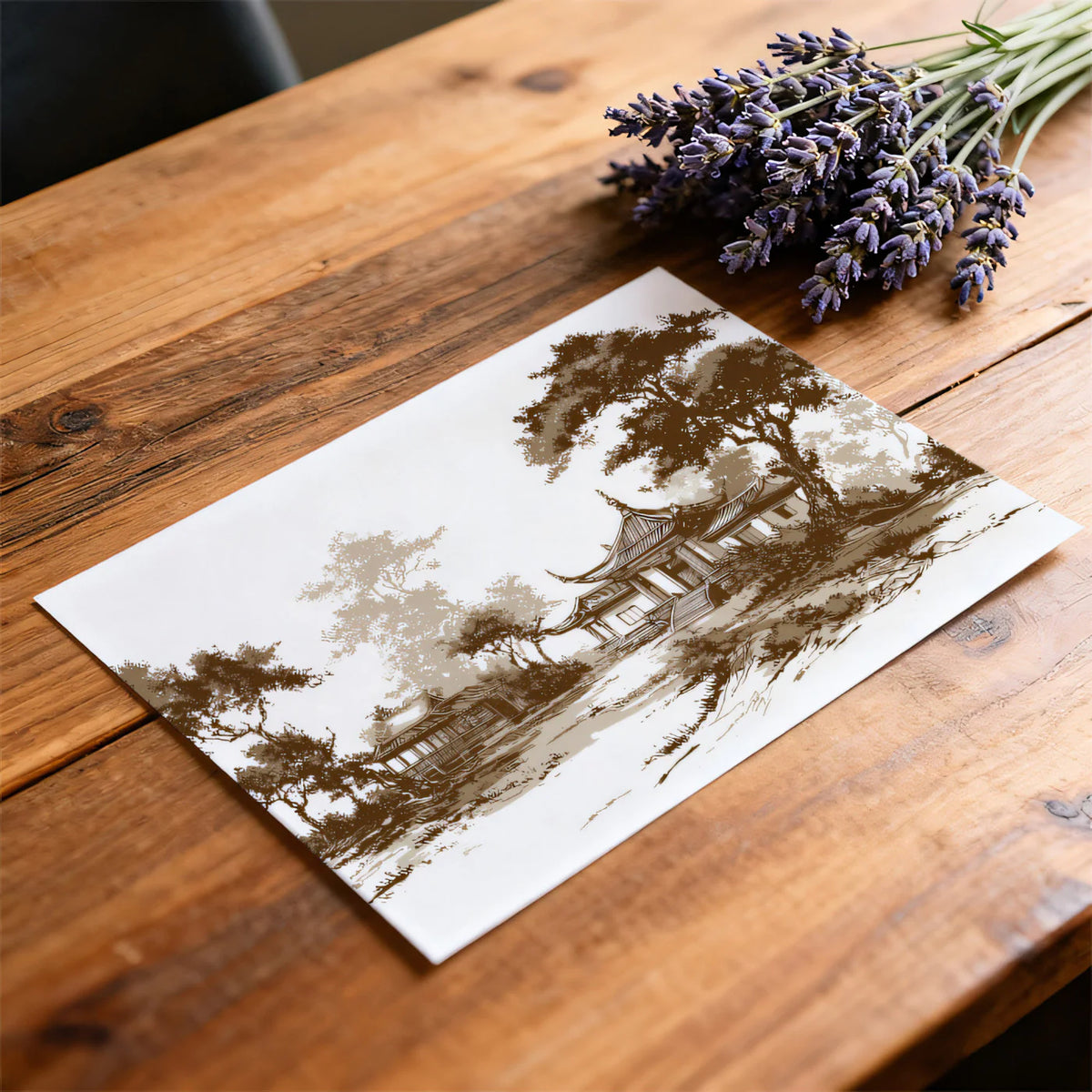 Traditional Pavilion Landscape Mural Wallpaper Vintage Sketch Art Mural Wallpaper - room preview 03