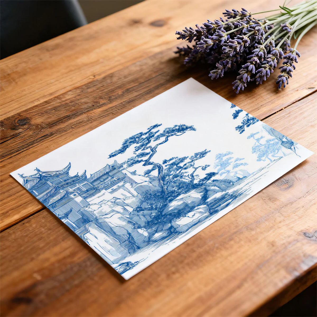 Blue Ink Temple Mural Wallpaper — Traditional Landscape Sketch Mural Wallpaper - room preview 03