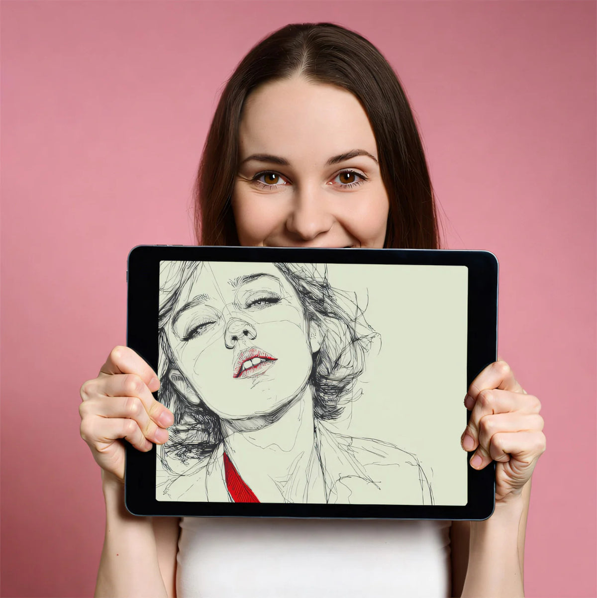 Minimalist Female Portrait Mural Wallpaper with Red Accent Mural Wallpaper - room preview 03