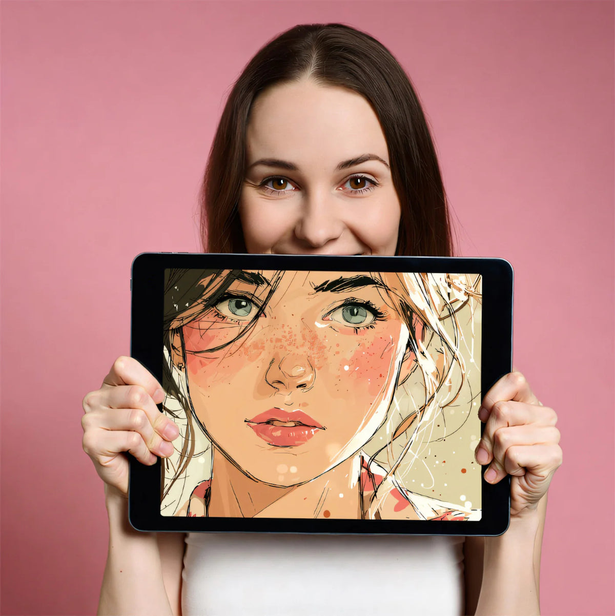 Freckled Portrait Illustration Mural Wallpaper — Soft Sketch Style Mural Wallpaper - room preview 03