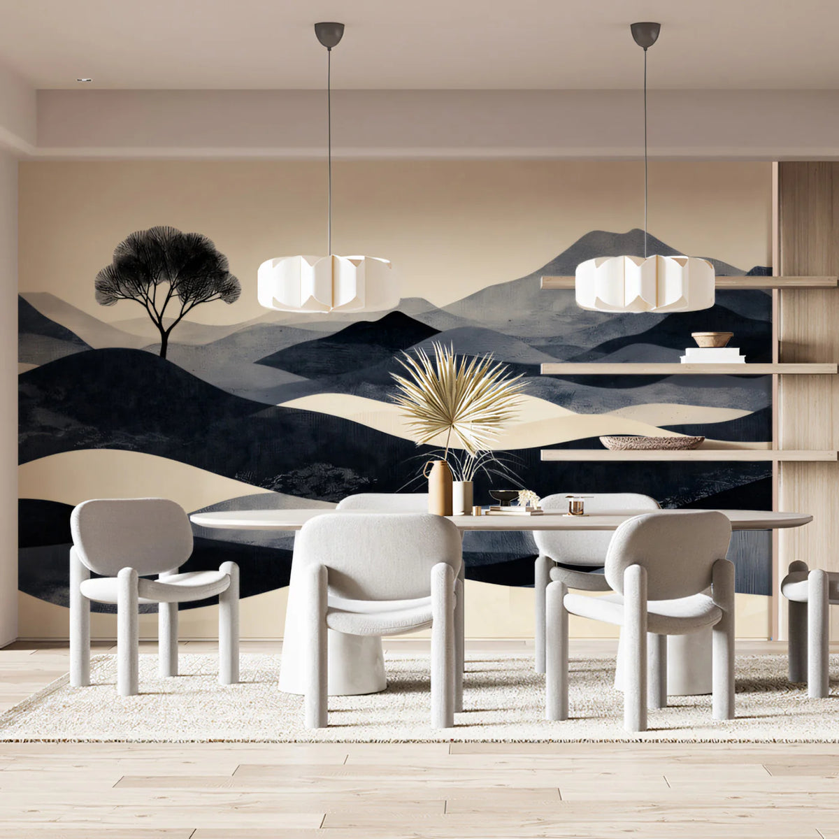 Zen Solitary Tree Landscape Mural Wallpaper — Minimalist Charcoal Mural Wallpaper - room preview 03