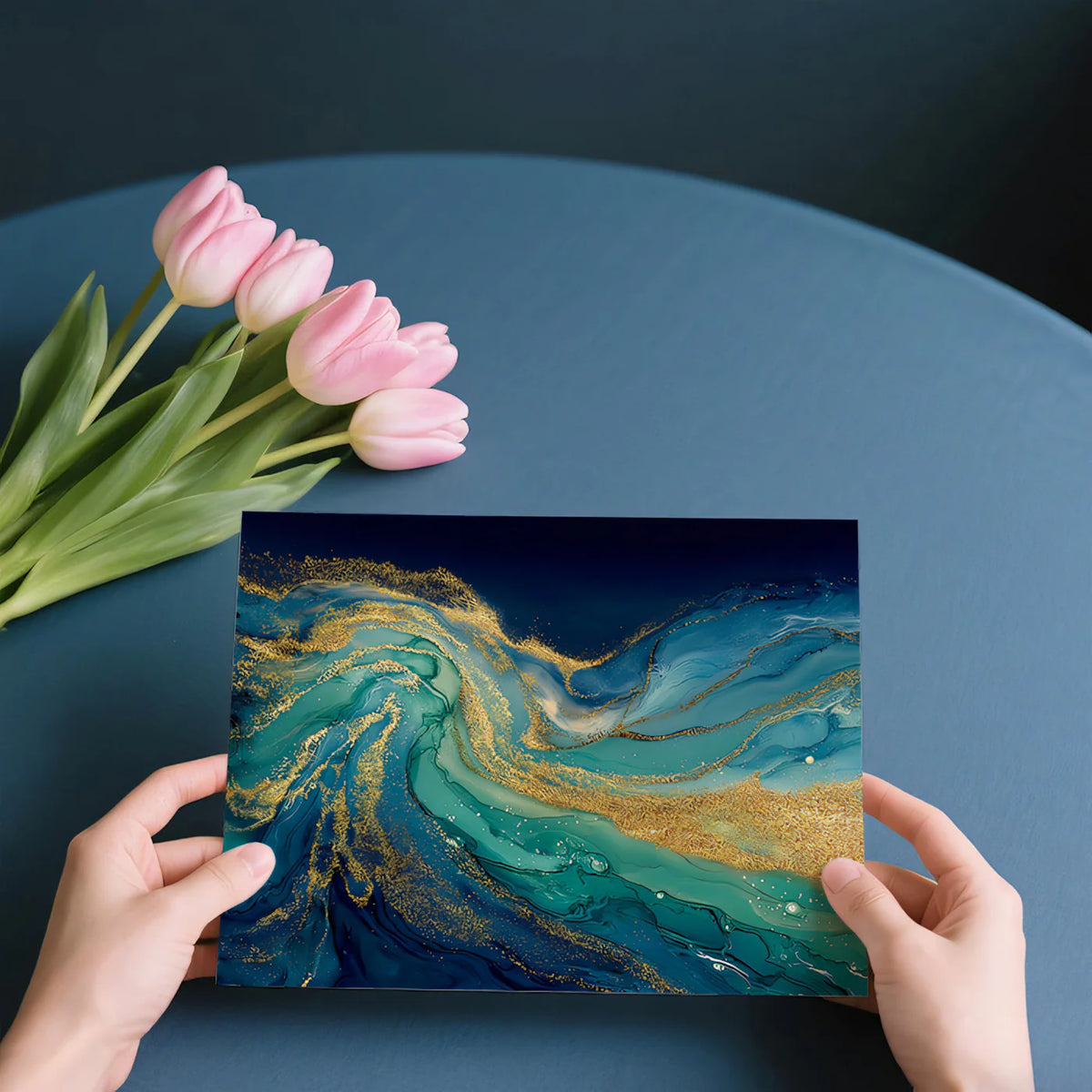 Deep Teal and Gold Fluid Art Mural Wallpaper — Luxe Abstract Motion Mural Wallpaper - room preview 03