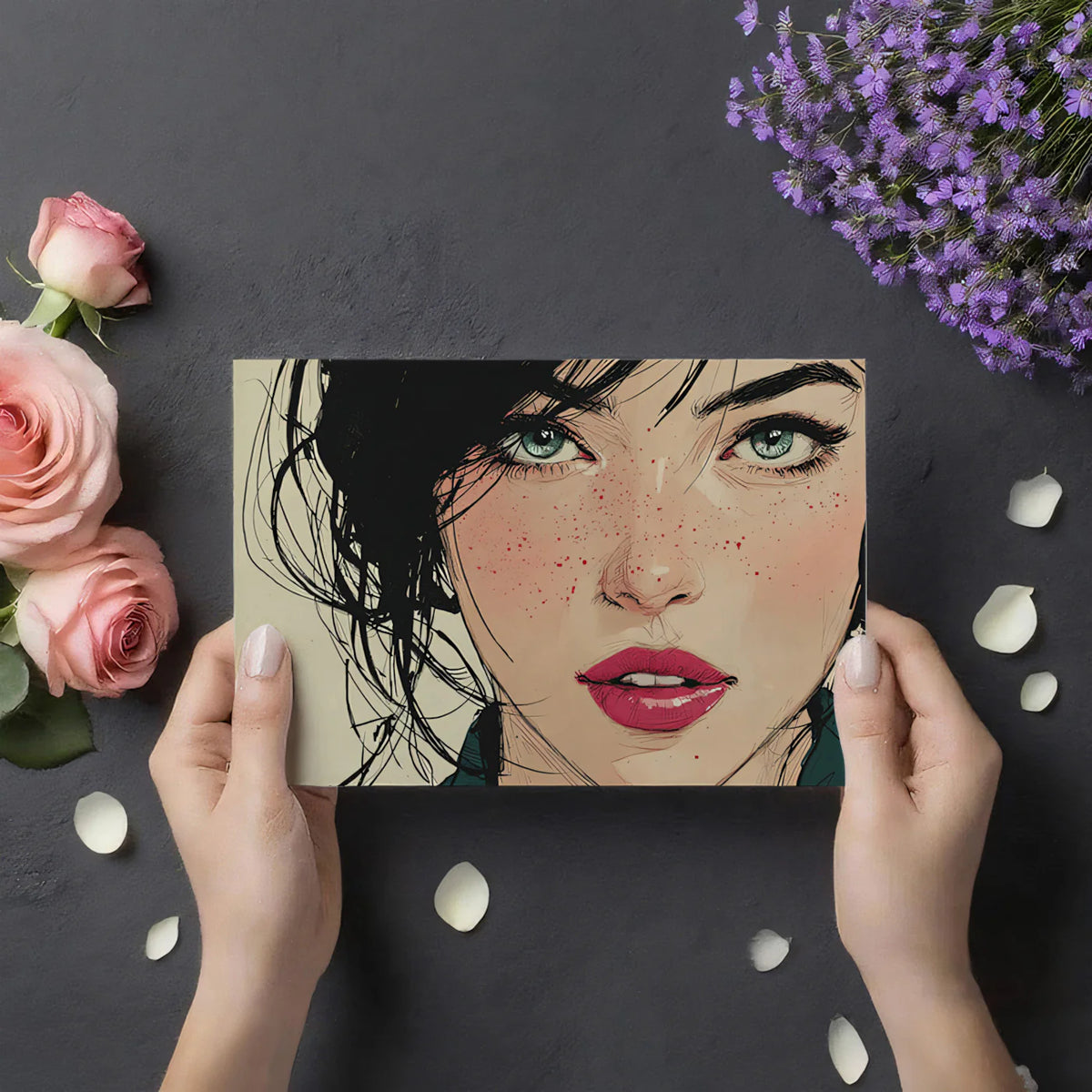 Freckled Portrait Sketch Mural Wallpaper — Expressive Line Art Mural Wallpaper - room preview 03