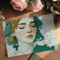 Abstract Scribble Portrait Mural Wallpaper in Teal and Ochre Mural Wallpaper - room preview 03