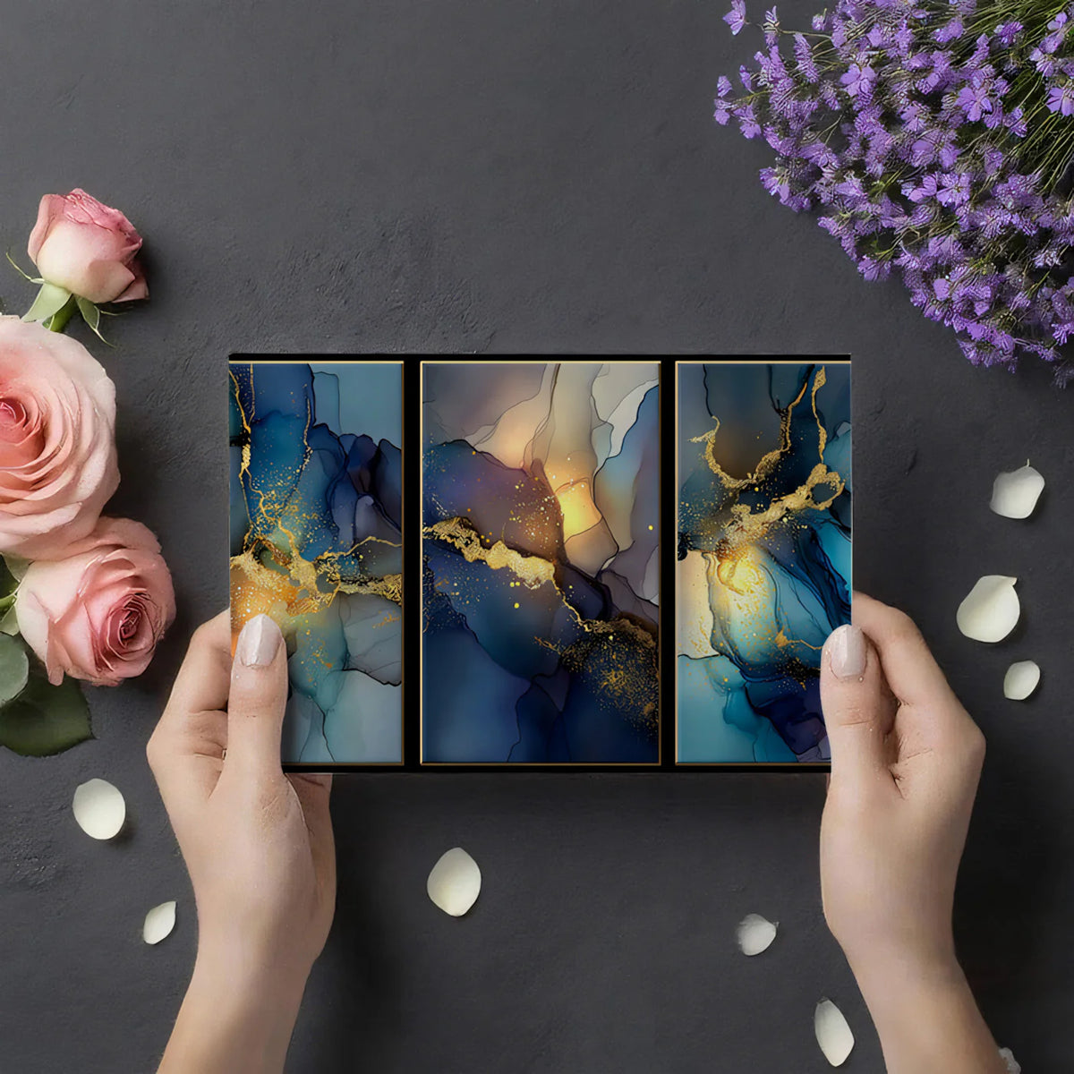Midnight Gold Triptych Mural Wallpaper — Modern Fluid Art Mural Wallpaper - room preview 03
