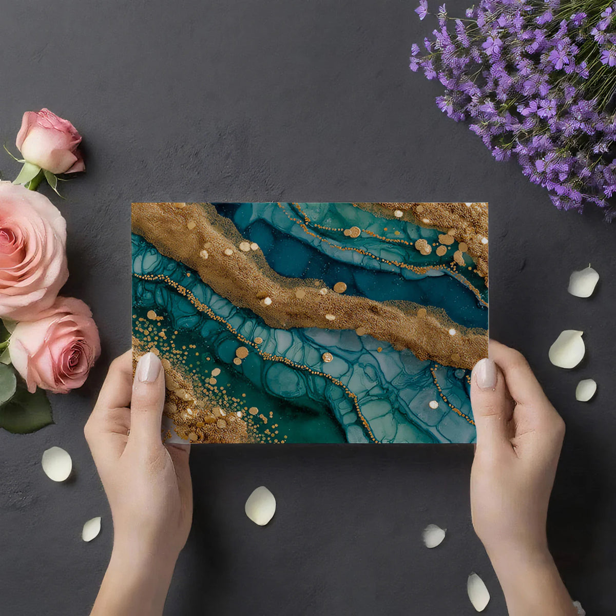Teal and Gold Agate Slice Mural Wallpaper — Modern Fluid Art Mural Wallpaper - room preview 03