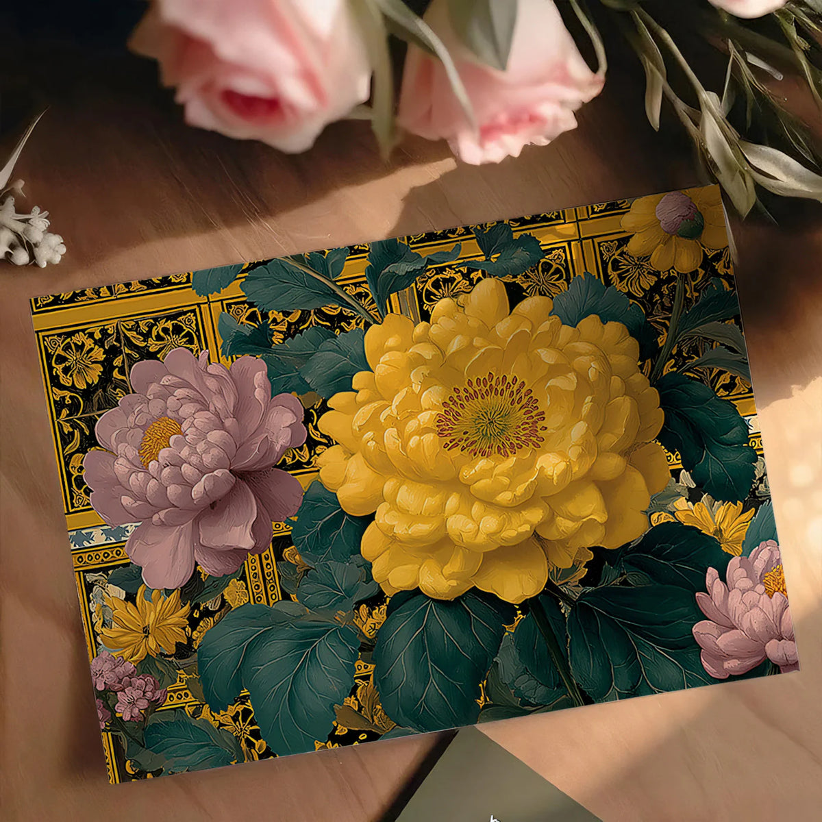 Chinoiserie Peony Patterned Tile Mural Wallpaper Yellow and Pink Florals, Ornate Traditional Backdrop Mural Wallpaper - room preview 03