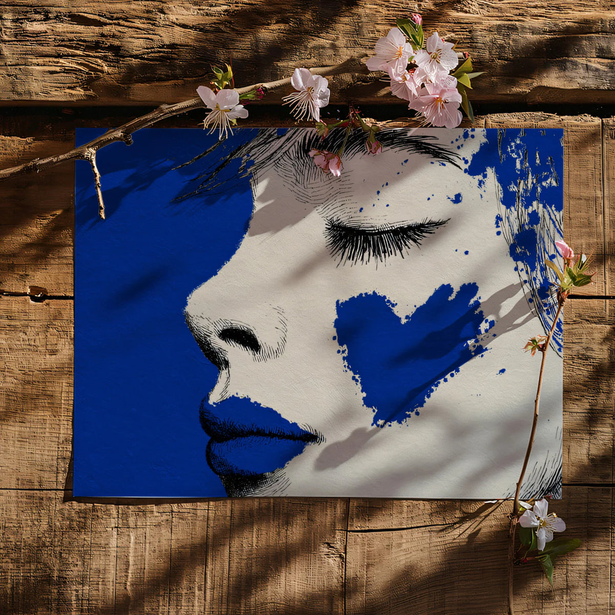 Blue Heart Portrait Mural Wallpaper — Urban Pop Art Sketch Mural Wallpaper - room preview 03