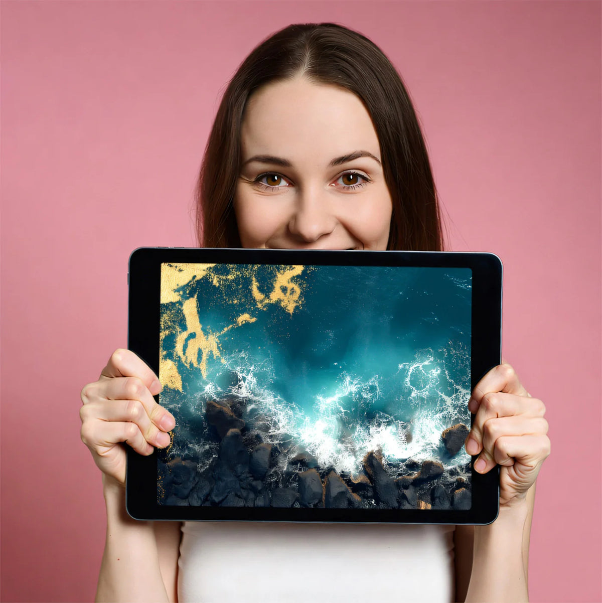 Aerial Ocean Coast Mural Wallpaper — Gold and Teal Wave Art Mural Wallpaper - room preview 03