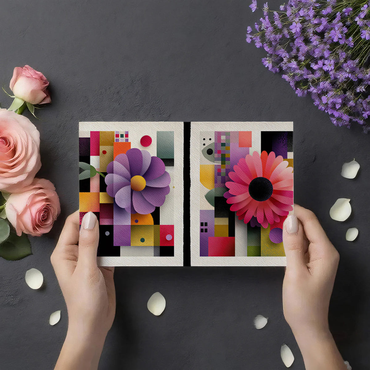 Abstract Floral Geometric Mural Wallpaper — Paper-Cut Style Art Mural Wallpaper - room preview 03