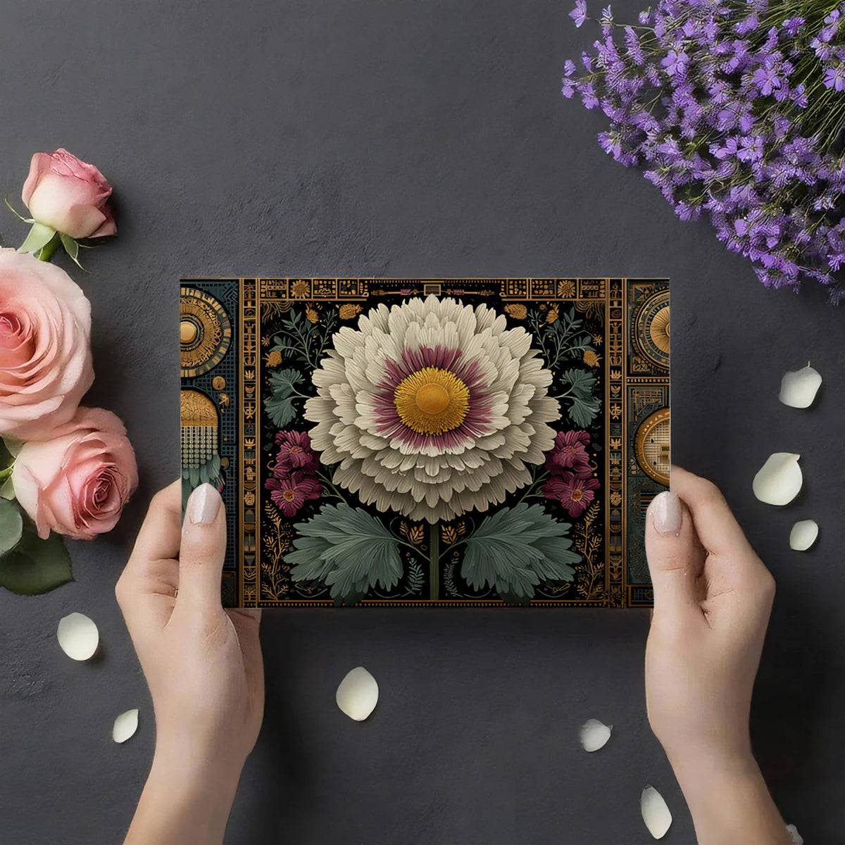Celestial Peony Mechanical Mural Wallpaper — Ornate Gold and Black Mural Wallpaper - room preview 03