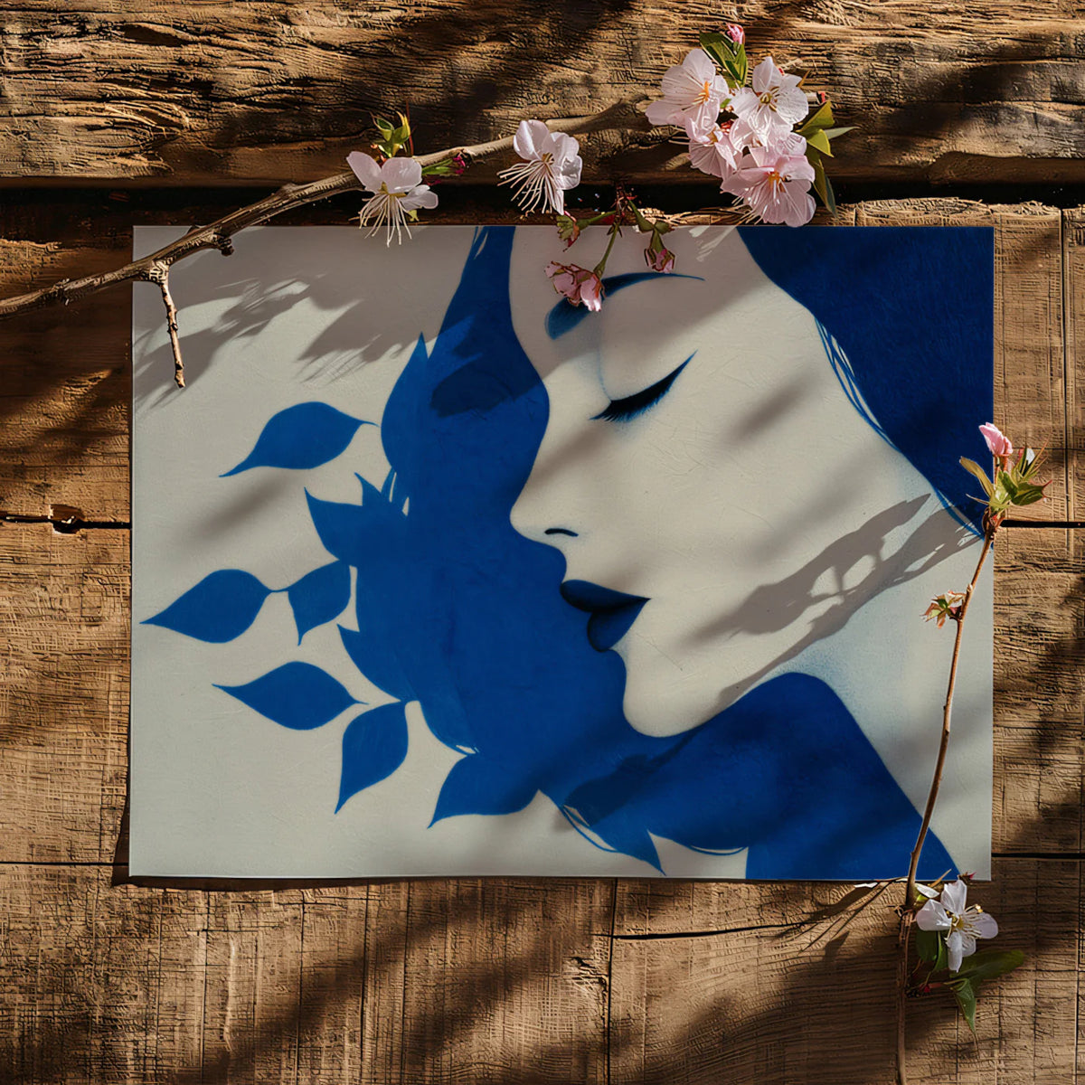 Woman Profile Blue Leaf Mural Wallpaper — Minimalist Sketch Art Mural Wallpaper - room preview 03