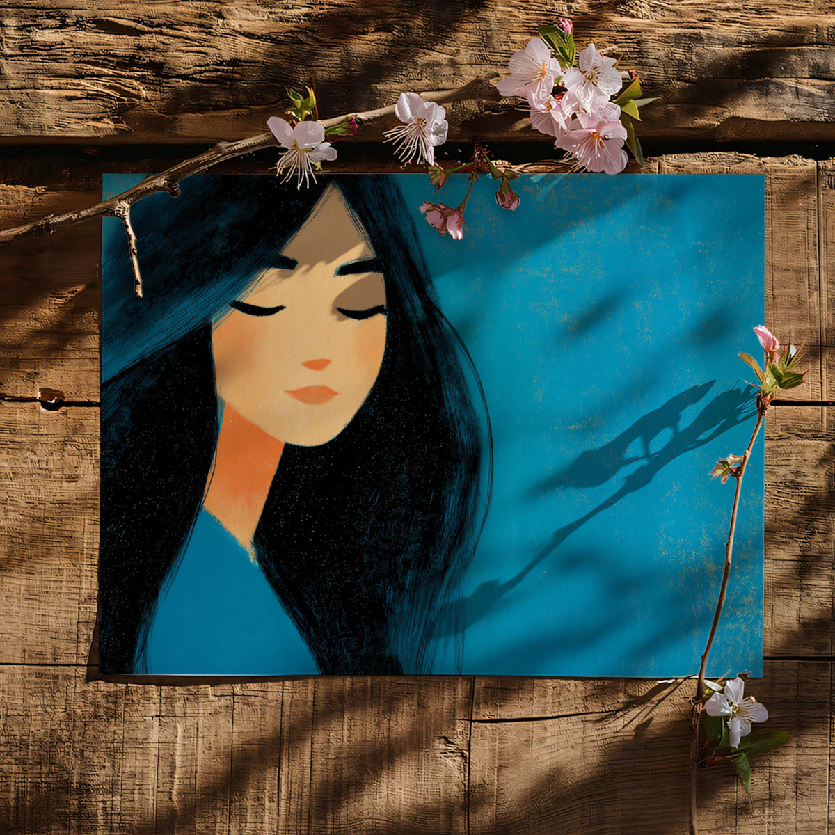 Dreaming Girl Illustration Mural Wallpaper — Artistic Teal Portrait Mural Wallpaper - room preview 03
