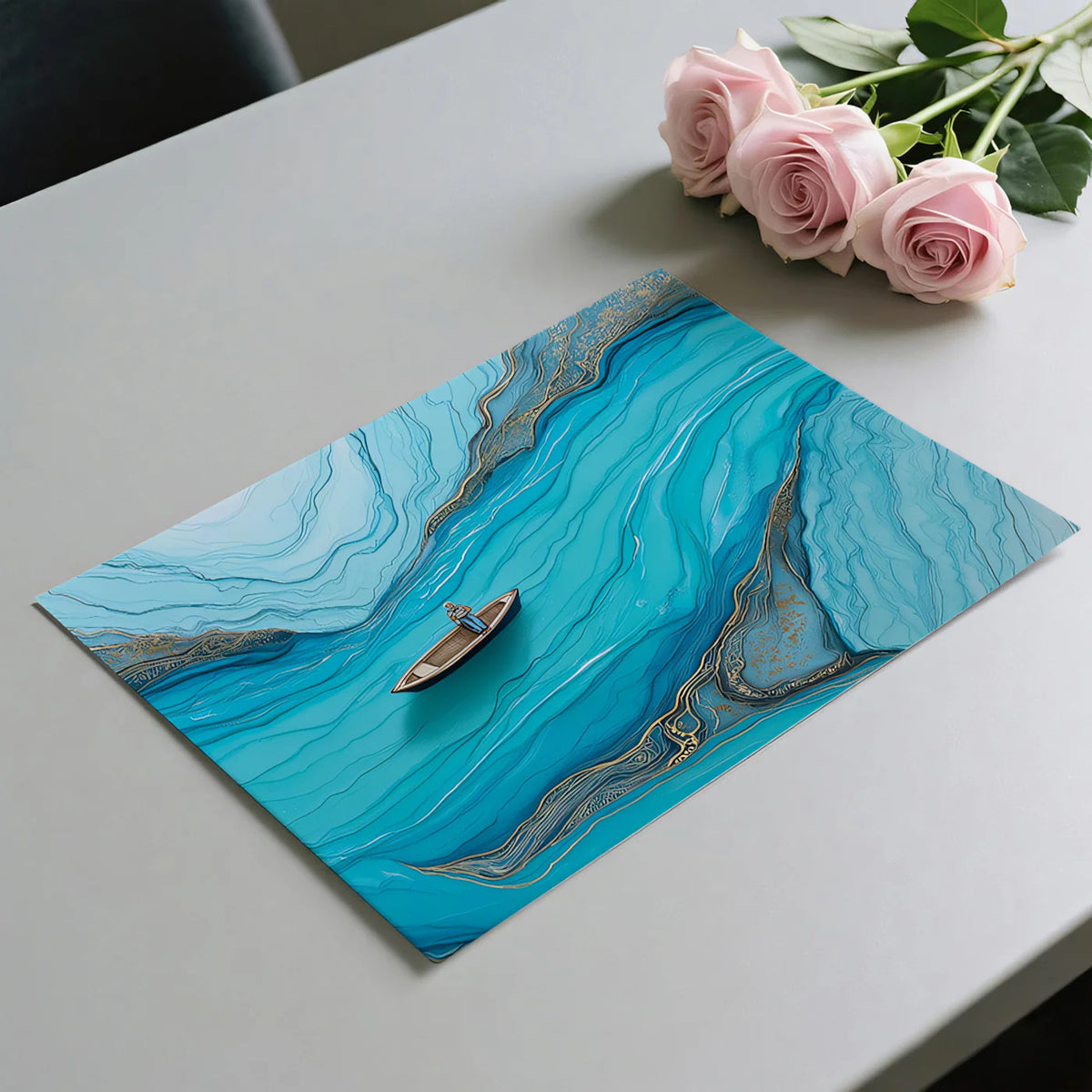 Turquoise Fluid Ink Mural Wallpaper with Gold Veined Detail Mural Wallpaper - room preview 03