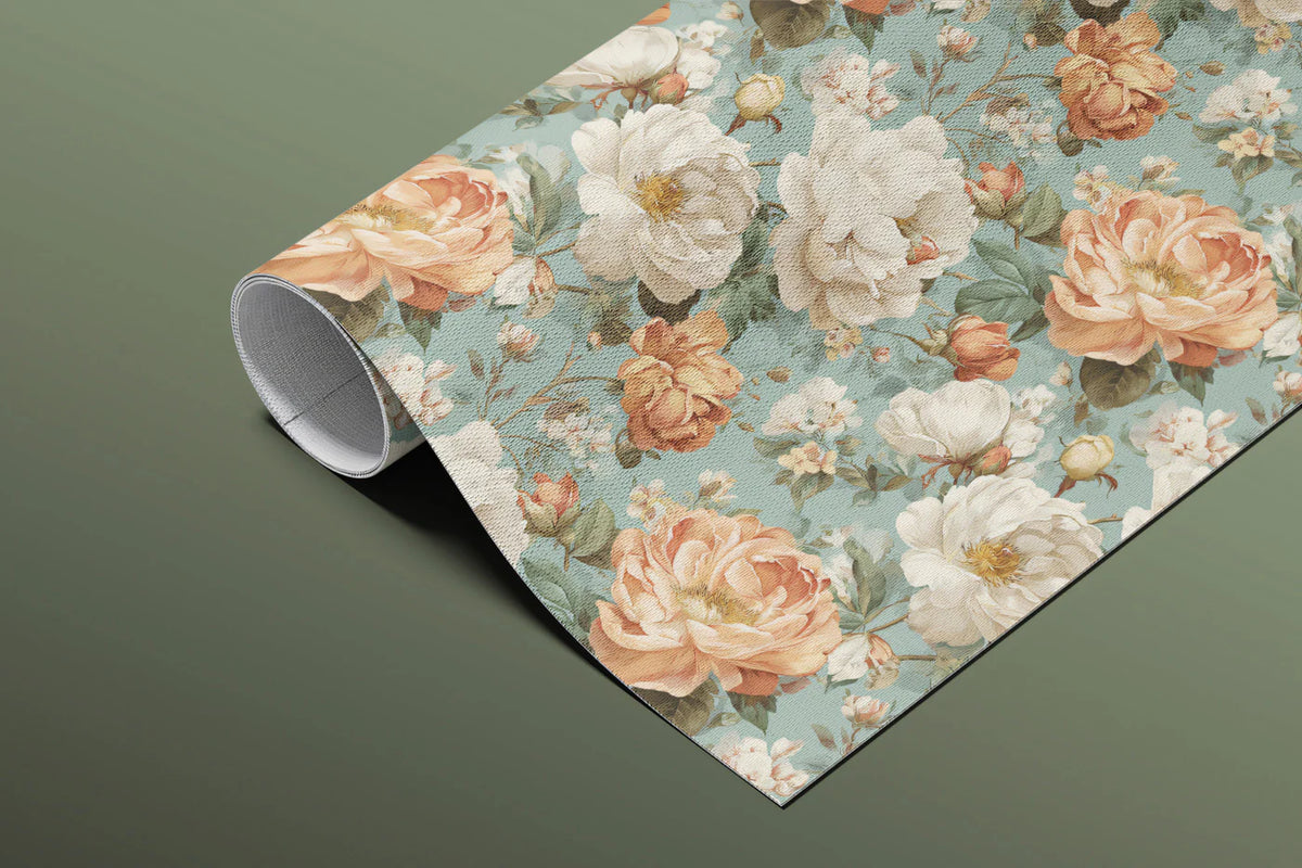 Vintage Peony Floral Mural Wallpaper — Soft Teal and Peach Mural Wallpaper - room preview 03