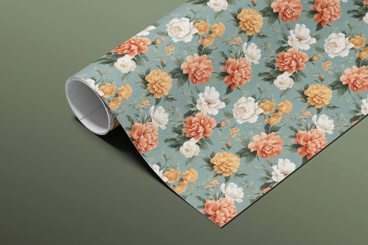 Vintage Peony Floral Mural Wallpaper — Soft Sage and Amber Botanical Mural Wallpaper - room preview 03