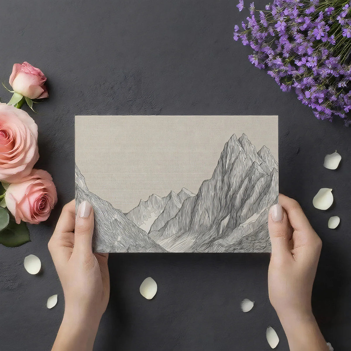 Mountain Peak Line Art Mural Wallpaper — Minimalist Linen Texture Mural Wallpaper - room preview 03