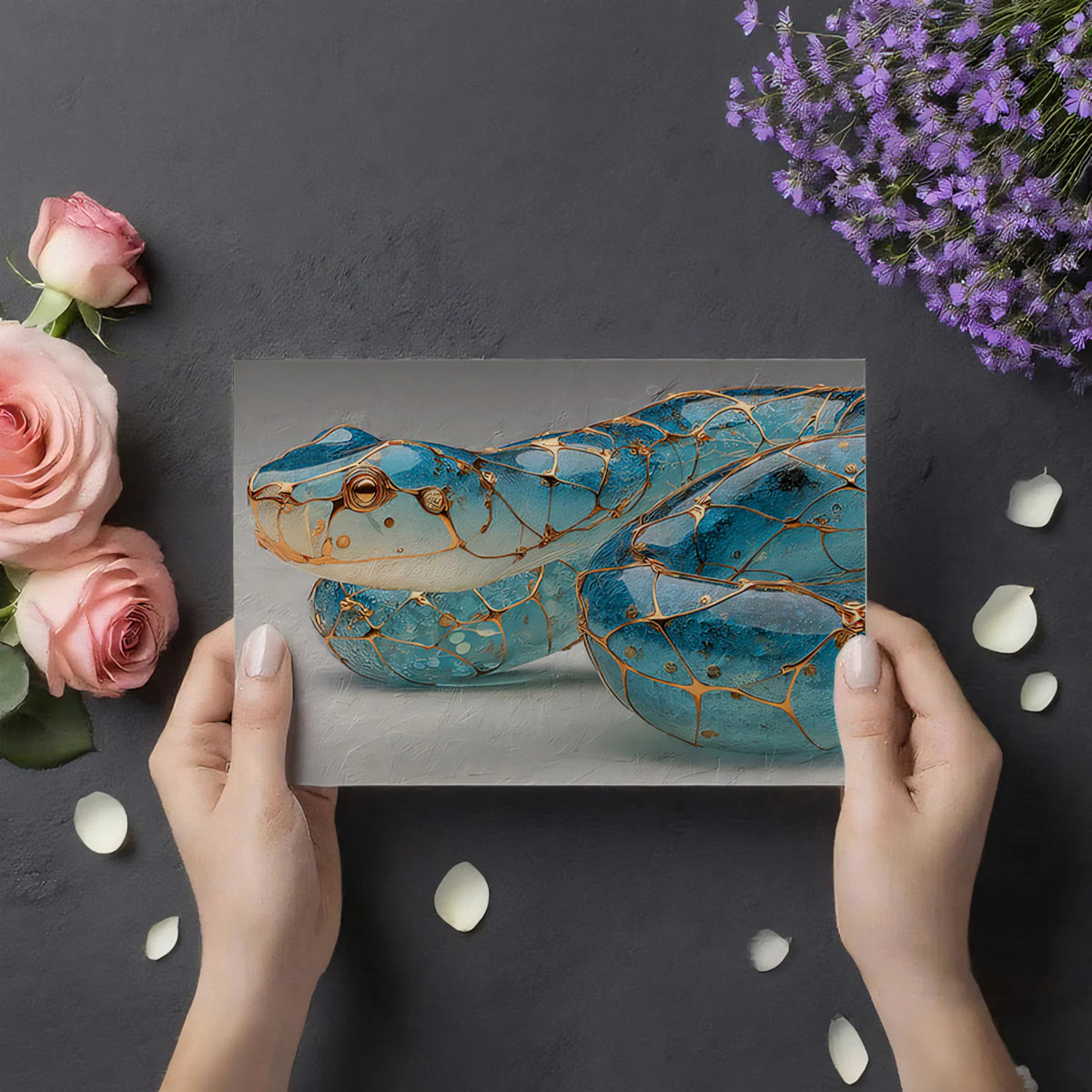 Glass Blue Snake Mural Wallpaper with Gilded Lattice Design Mural Wallpaper - room preview 03