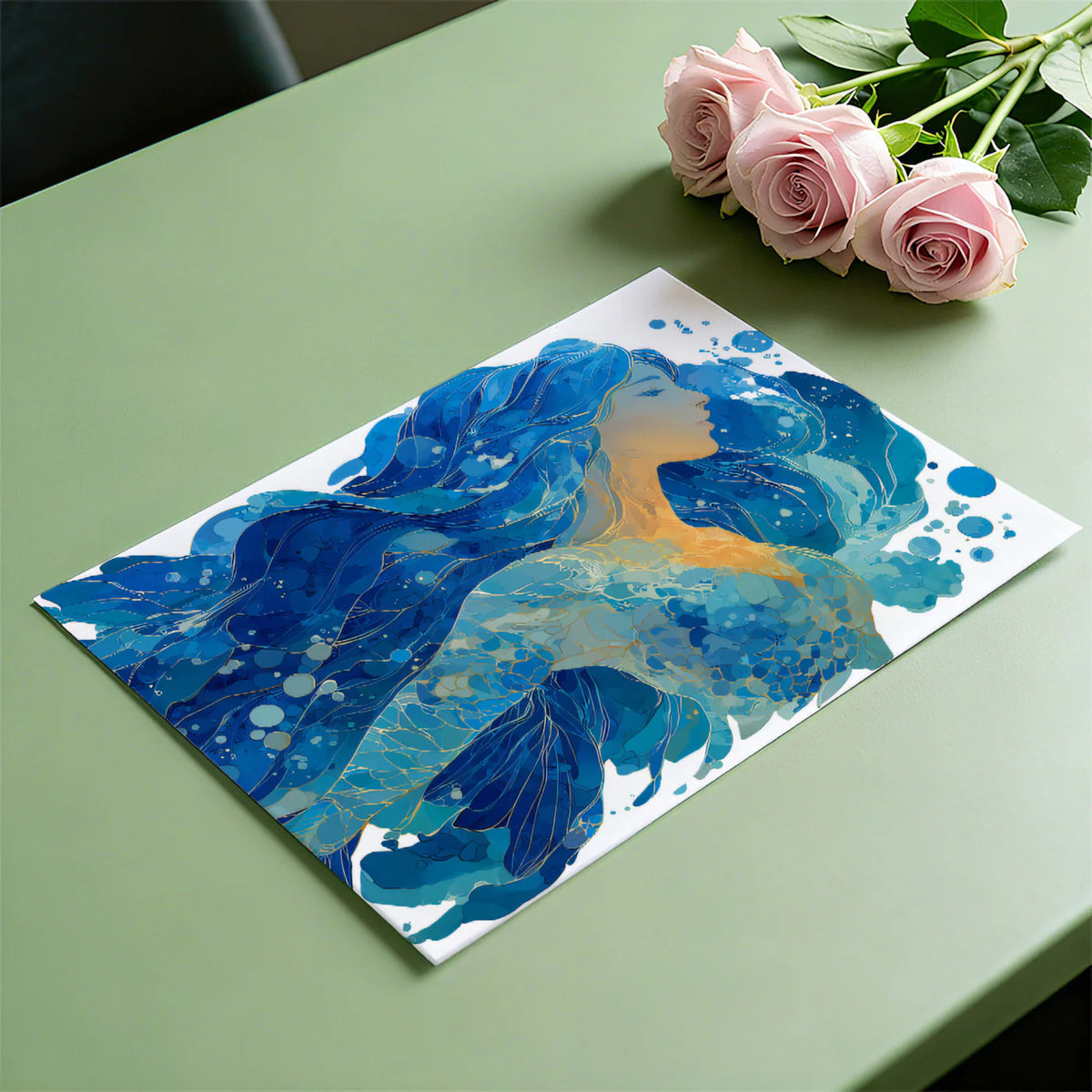 Ocean Spirit Wave Mural Wallpaper — Intricate Blue and Gold Design Mural Wallpaper - room preview 03