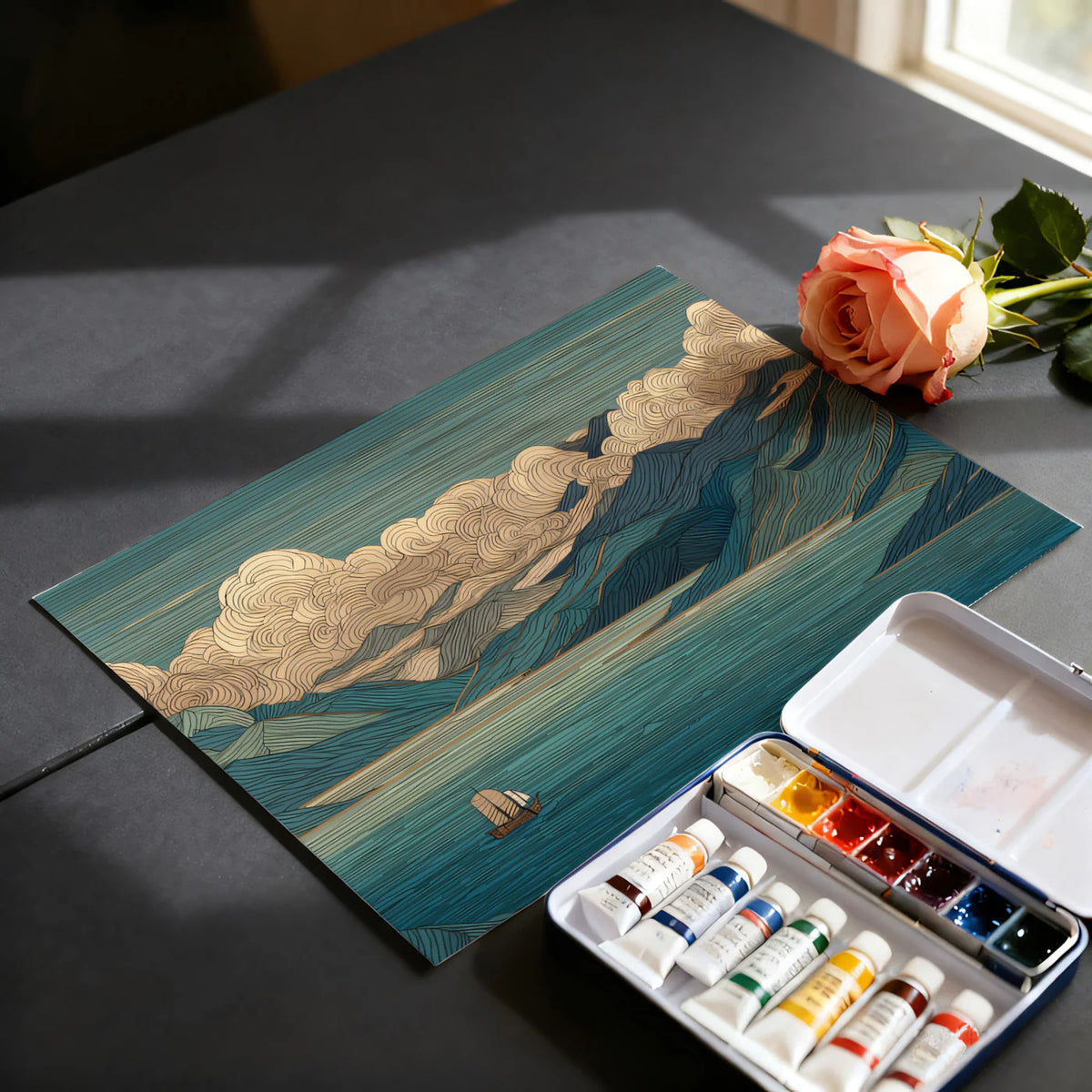 Japanese Woodblock Mountain Mural Wallpaper — Tranquil Lake View Mural Wallpaper - room preview 03