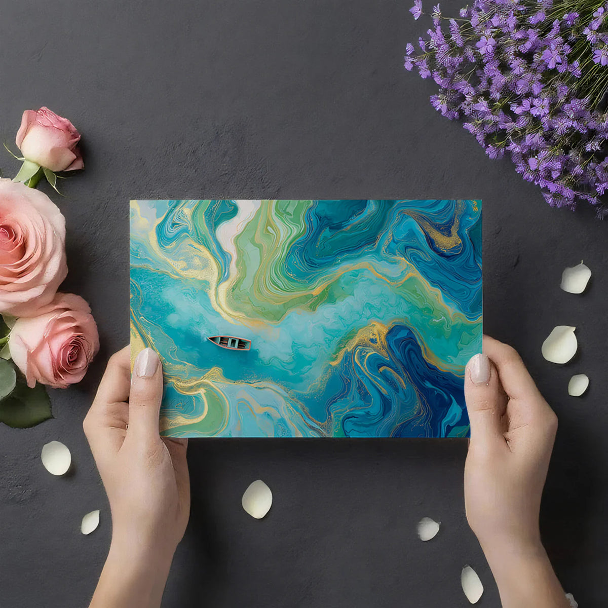 Emerald Fluid Art Mural Wallpaper — Abstract River Boat Design Mural Wallpaper - room preview 03