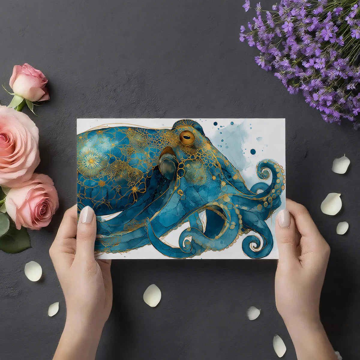 Gilded Marine Octopus Mural Wallpaper — Ornate Coastal Art Mural Wallpaper - room preview 03