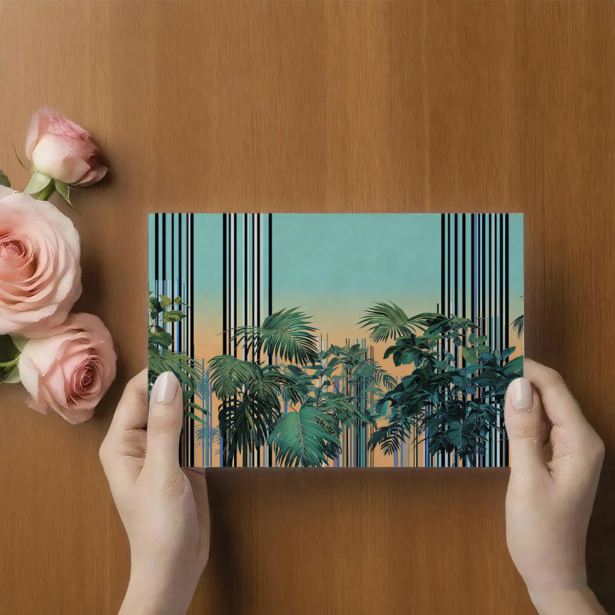 Sunset Tropics Mural Wallpaper — Modern Linear Botanical Art Mural Wallpaper - room preview 03