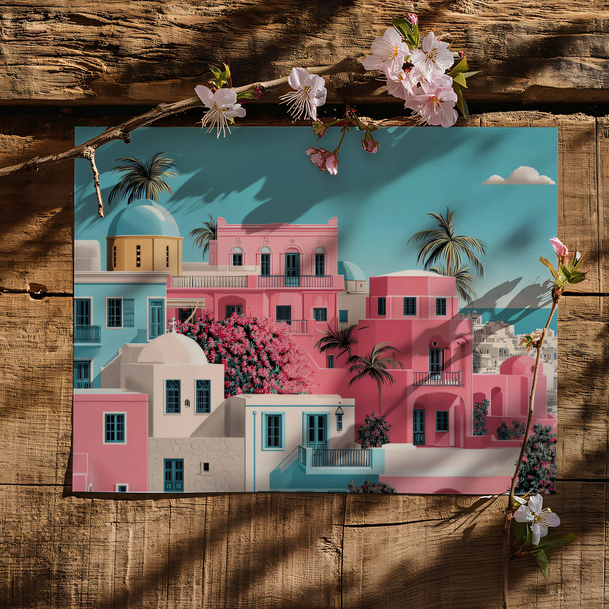Mediterranean Coastal Village Mural Wallpaper — Pastel Pink Architecture Mural Wallpaper - room preview 03