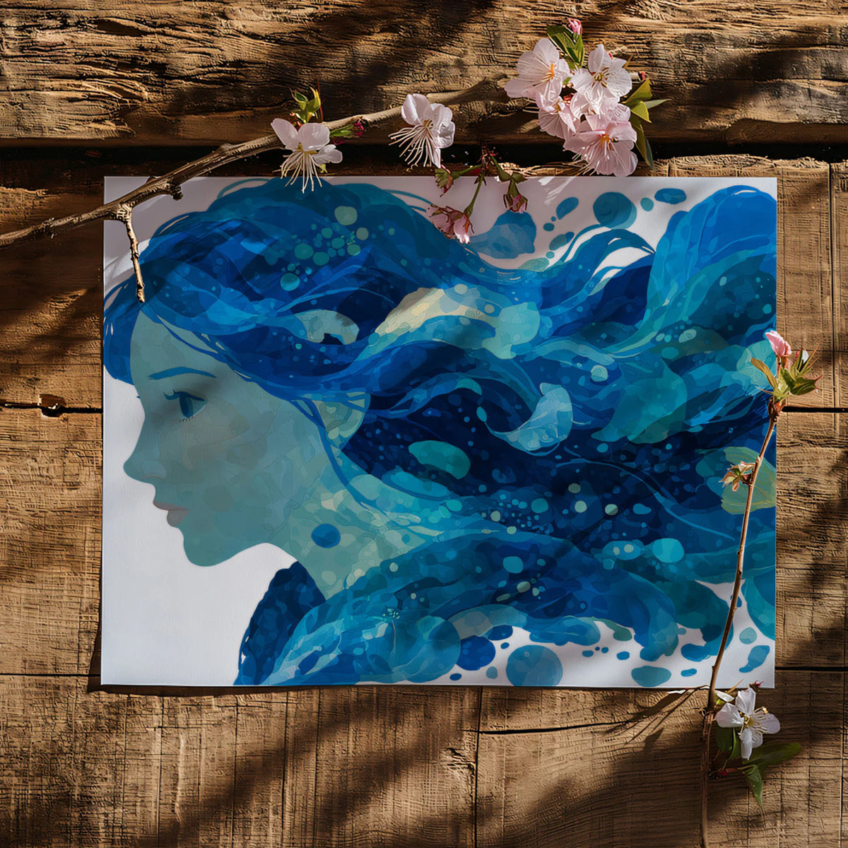 Water Goddess and Goldfish Mural Wallpaper — Fluid Blue Illustration Mural Wallpaper - room preview 03