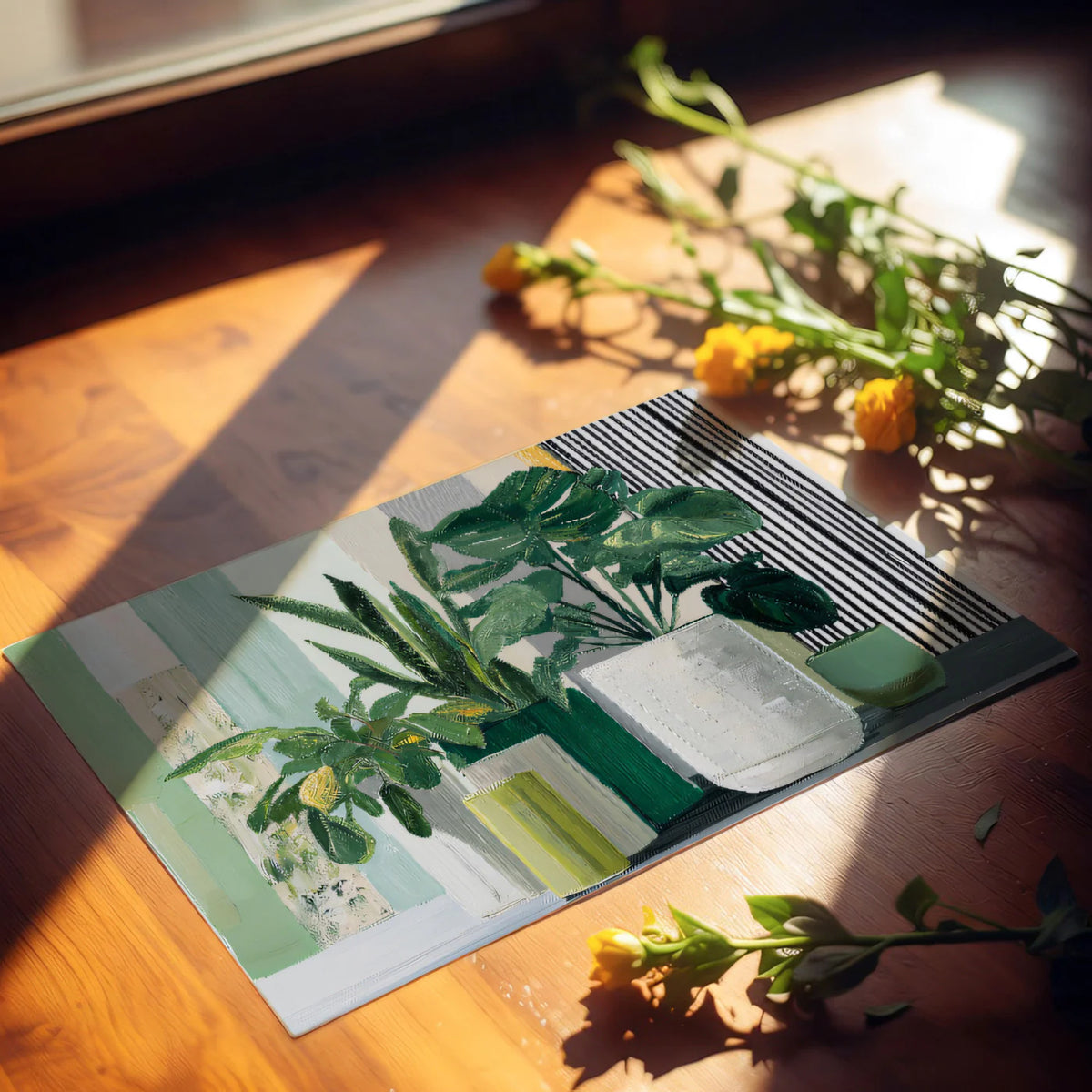 Modern Botanical Potted Plant Mural Wallpaper — Artistic Striped Mural Wallpaper - room preview 03