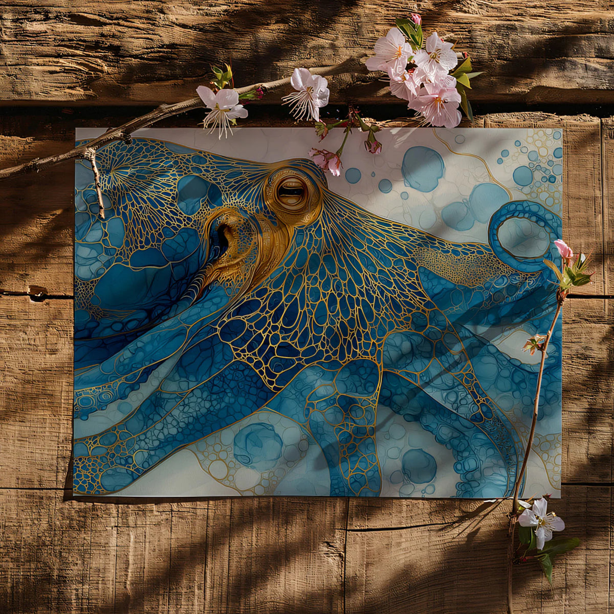 Gilded Marine Octopus Mural Wallpaper — Luxurious Aquatic Art Mural Wallpaper - room preview 03