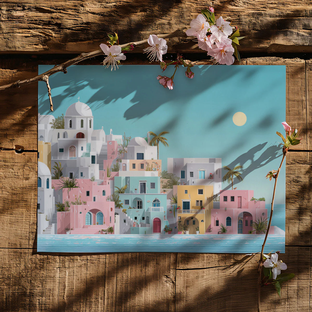 Mediterranean Village Mural Wallpaper — Coastal Pastel Scenery Mural Wallpaper - room preview 03
