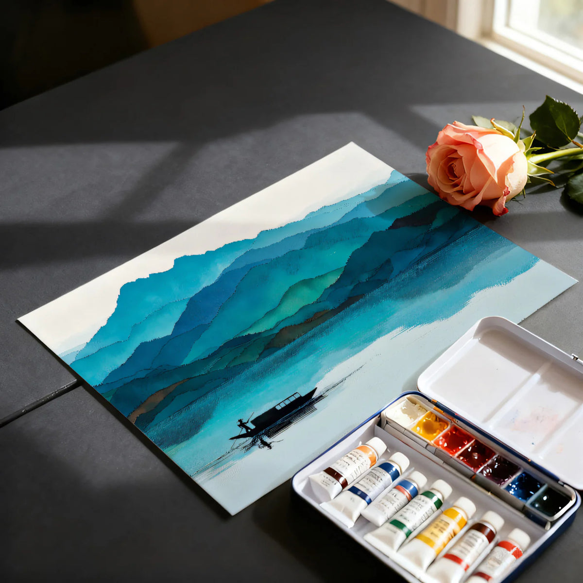 Watercolor Mountain Lake Mural Wallpaper — Teal Horizon Landscape Mural Wallpaper - room preview 03
