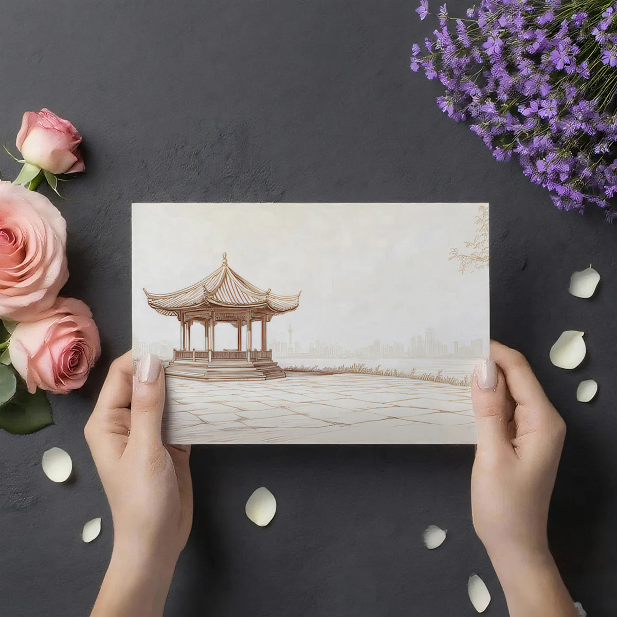Traditional Chinese Pavilion Sketch Mural Wallpaper — Sepia Skyline Mural Wallpaper - room preview 03