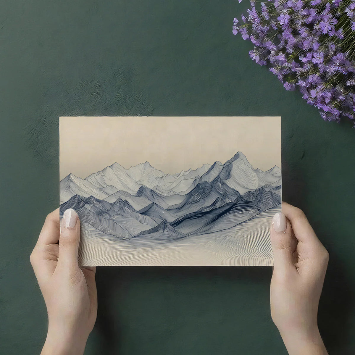 Minimalist Mountain Range Mural Wallpaper — Blue Line Art Landscape Mural Wallpaper - room preview 03