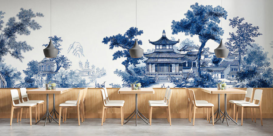 Landscape Wallpaper Mural – Scenery Wall Mural – Chinoiserie Landscape in Cobalt and White