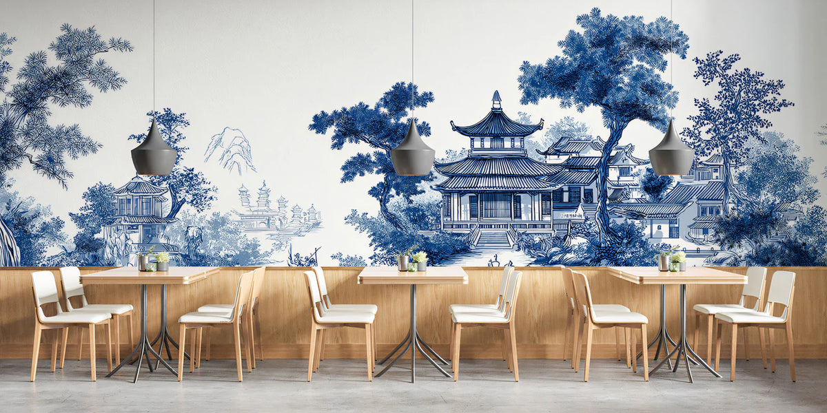 Chinoiserie Landscape Mural Wallpaper in Cobalt and White Mural Wallpaper - room preview 03