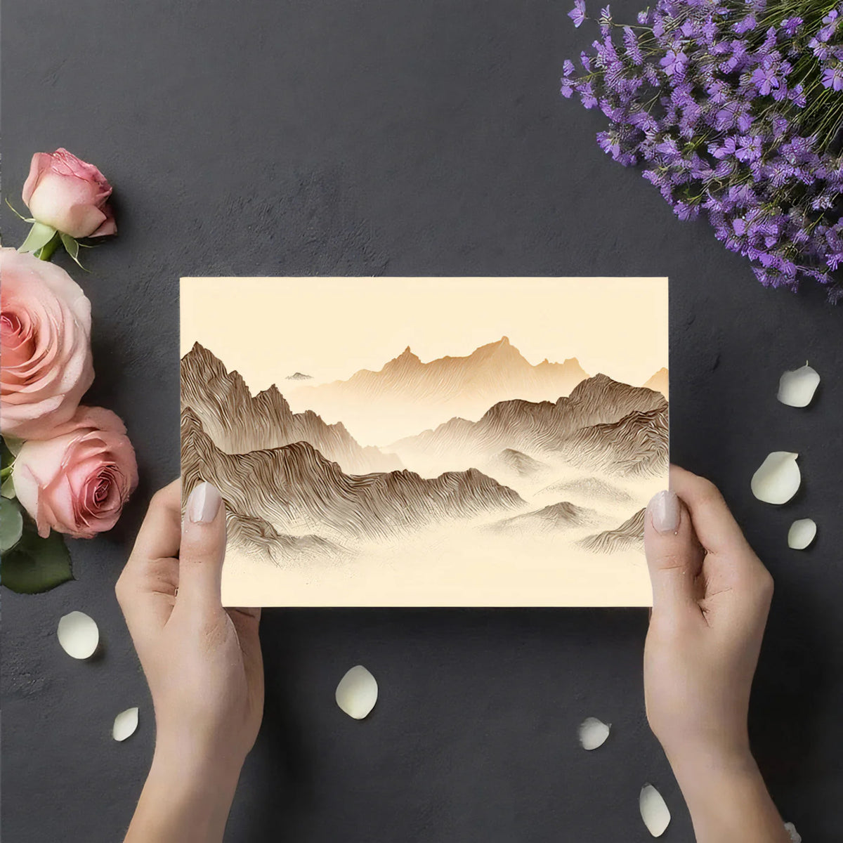 Vintage Mountain Engraving Mural Wallpaper — Sepia Line Art Mural Wallpaper - room preview 03