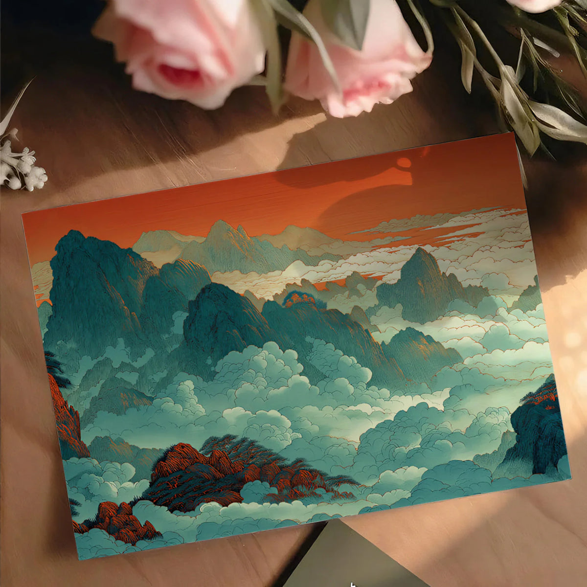 Chinese Landscape Mural Wallpaper — Blue Mountain Sunset Scene Mural Wallpaper - room preview 03