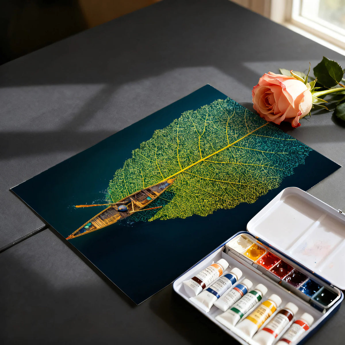 Floating Leaf Boat Aerial Mural Wallpaper — Surreal Nature Art Mural Wallpaper - room preview 03