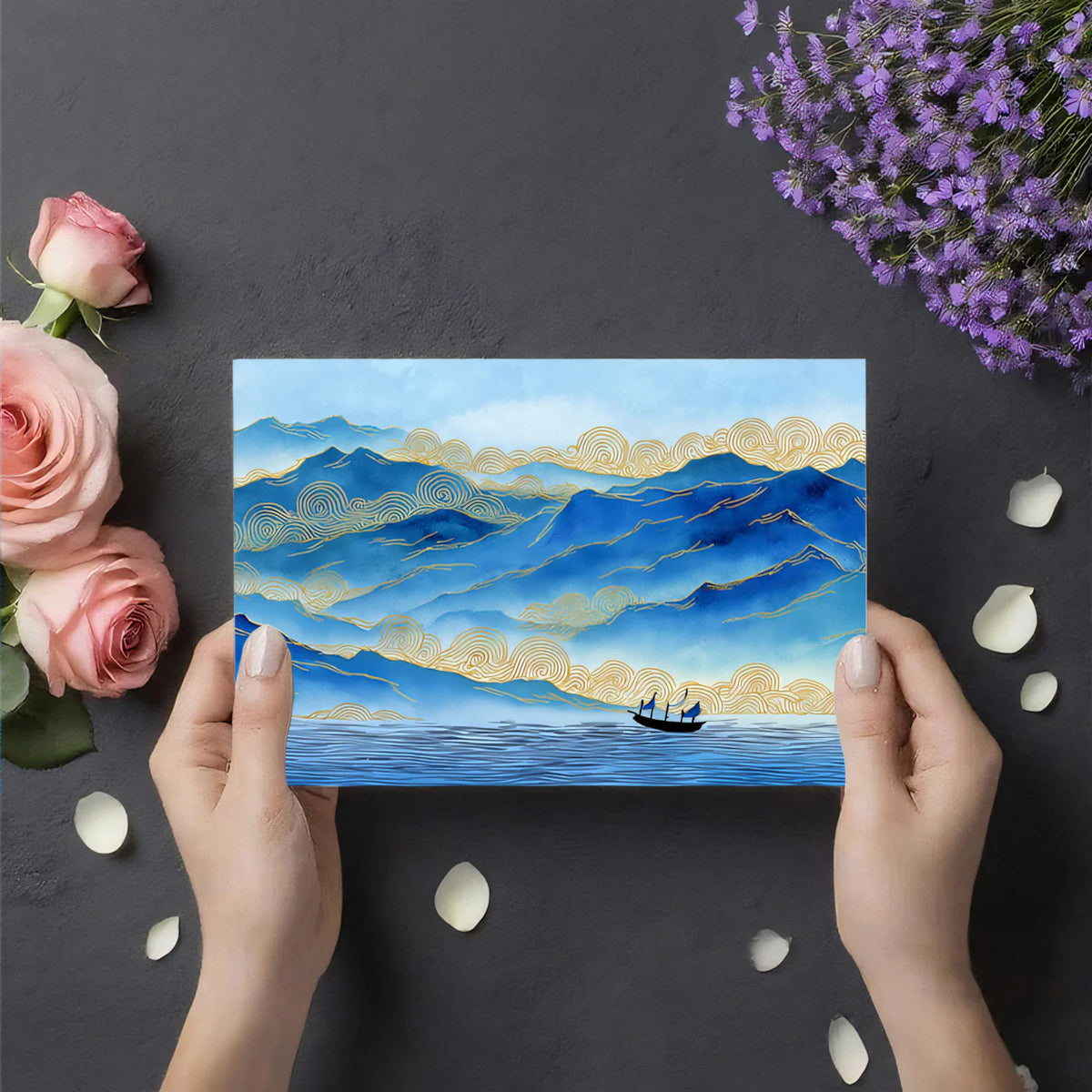 Blue Mountain Landscape Mural Wallpaper — Traditional Gold Line Art Mural Wallpaper - room preview 03