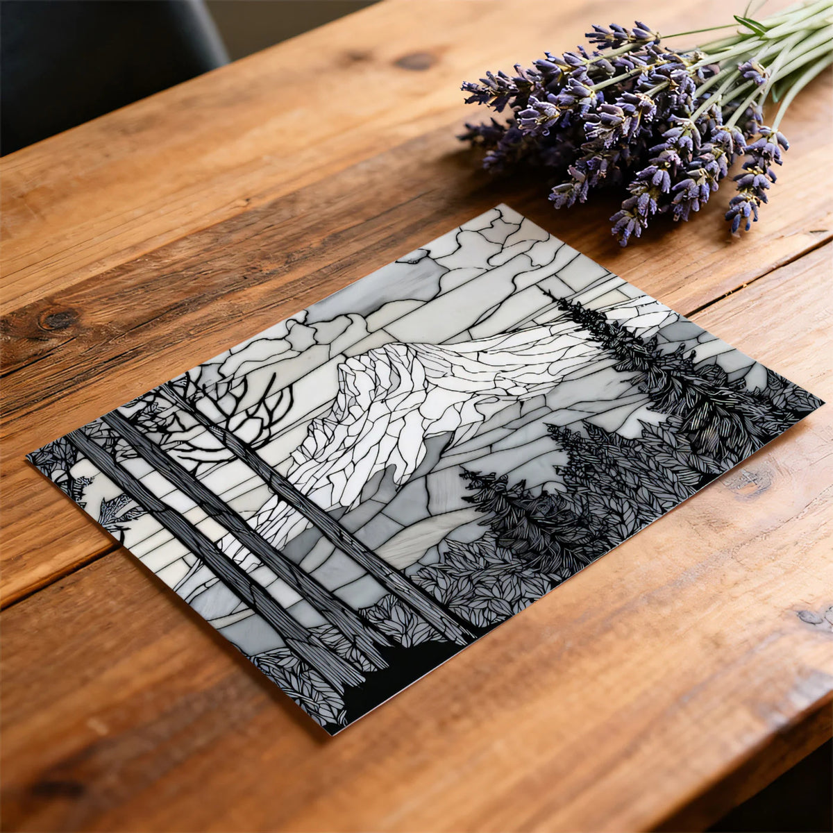 Stained Glass Mountain Forest Mural — Black and White Landscape Mural Wallpaper - room preview 03