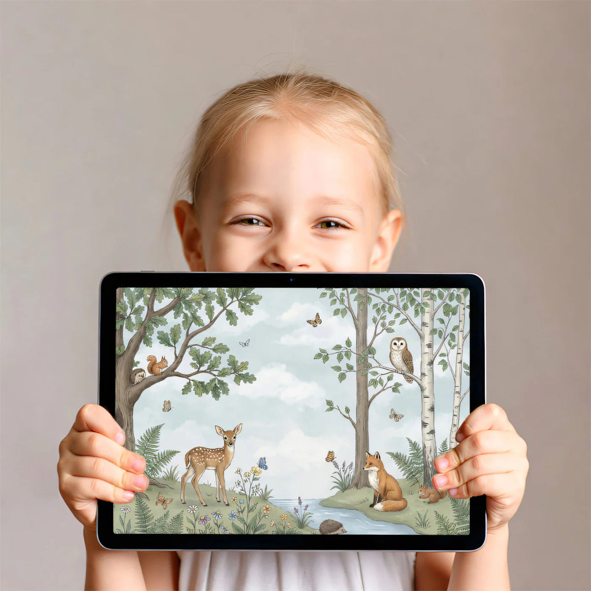 Watercolor Woodland Animals Mural Wallpaper — Artistic Forest Scene Mural Wallpaper - room preview 03