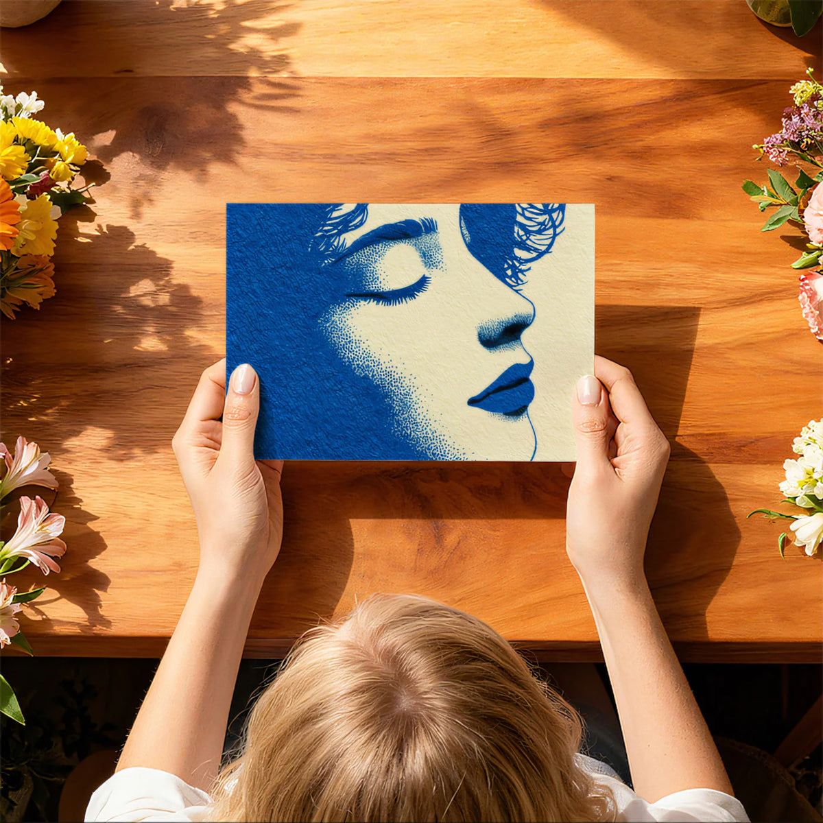 Stippled Woman Portrait Mural Wallpaper — Cobalt and Cream Pop Art Mural Wallpaper - room preview 03
